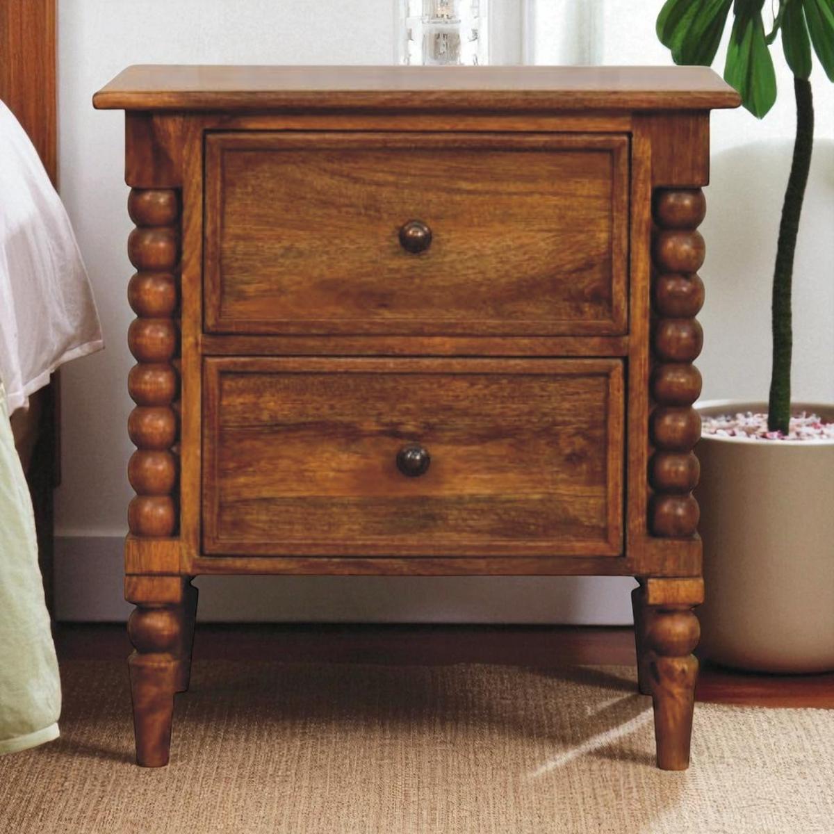 NACHTKASTEN Amber Eiche, 2 Schubladen und Spindelbeine, Hellbraun - Hellbraun/Messingfarben, Holz/Metall (55/60/40cm) - Artisan Furniture