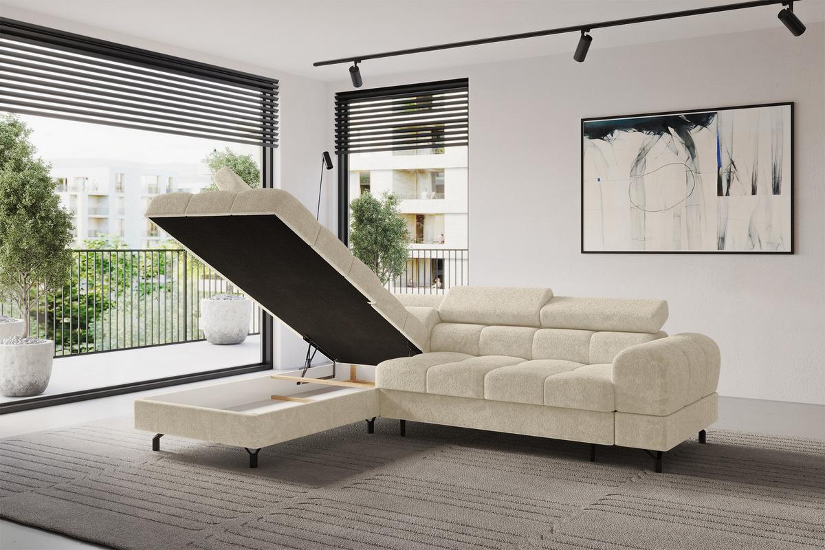 ECKSOFA mit Schlaffunktion Ottomane Links LUMA-L 272x203x70 Creme Velours - Creme/Schwarz, Holzwerkstoff/Kunststoff (272/203cm) - ALTDECOR