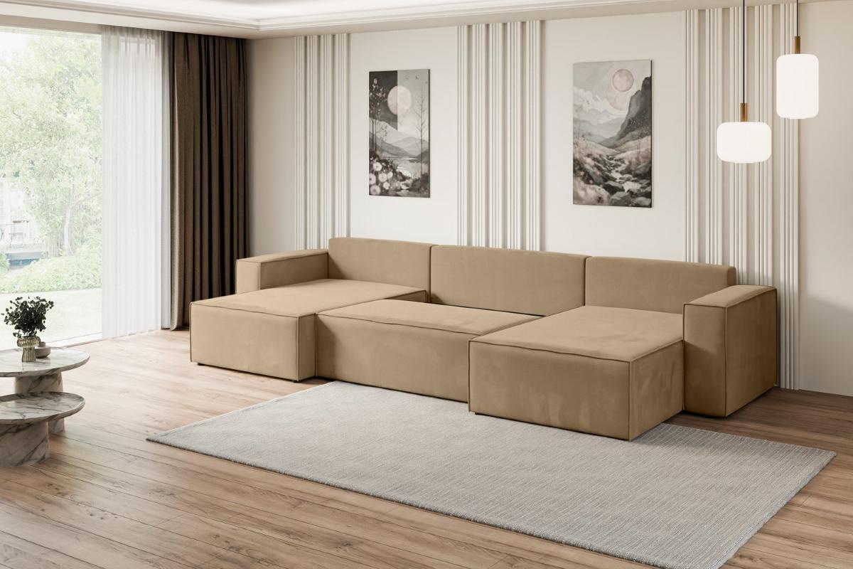 WOHNLANDSCHAFT mit Schlaffunktion und Bettkasten CELTIC-XLU - 377x143x83 cm Beige Velours - Beige/Schwarz, Holzwerkstoff/Kunststoff (377/83/143cm) - ALTDECOR