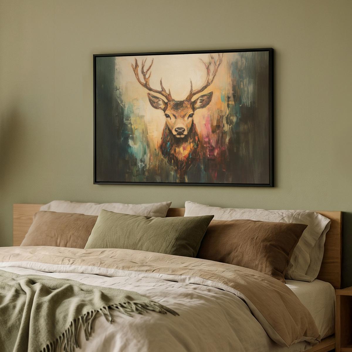 LEINWAND Bilder mit Rahmen - Hirsch - Gemalt - Geweih - Braun - 80x60 - Haselnussfarben, Textil (80/60cm) - MuchoWow