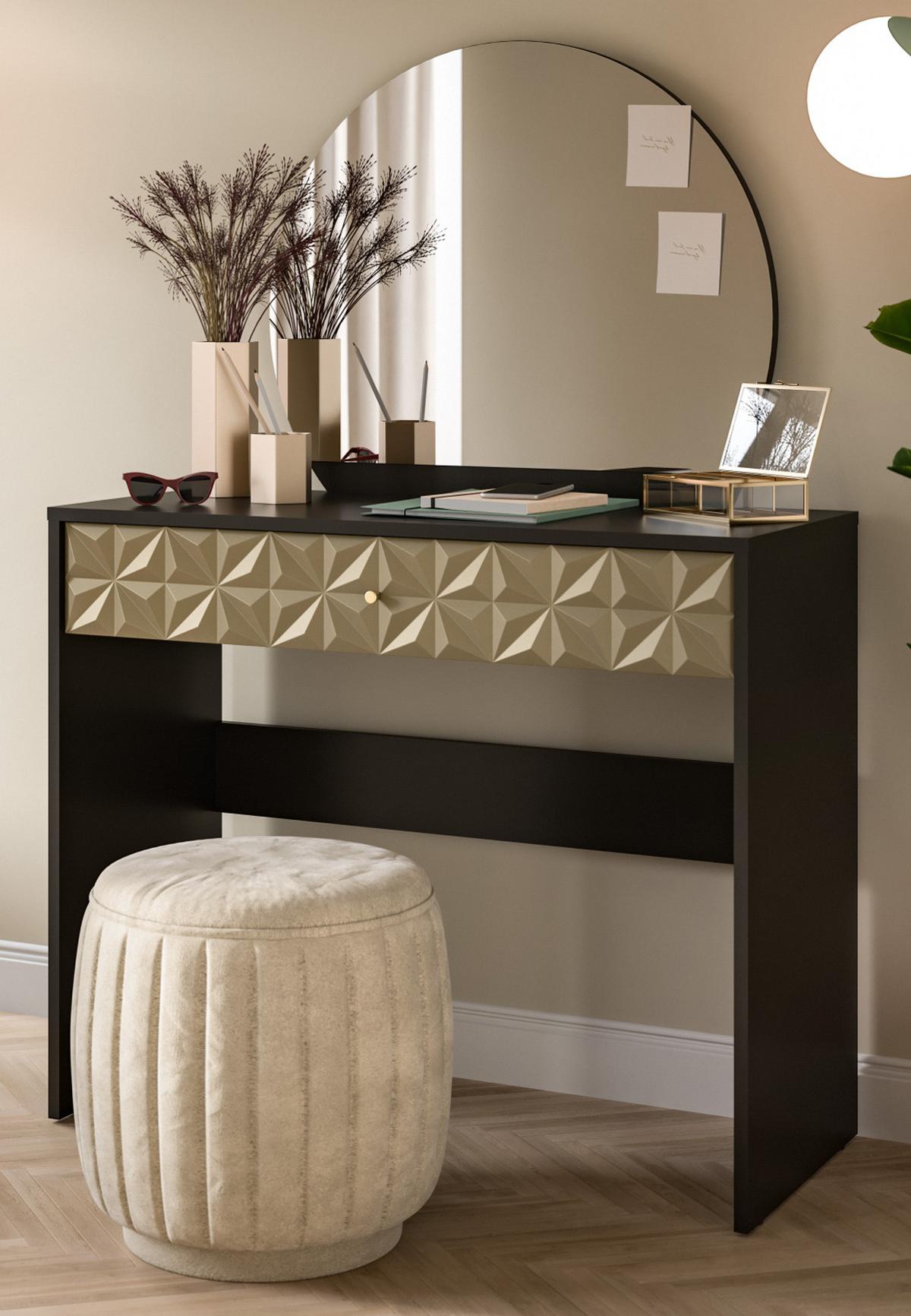 SCHMINKTISCH schwarz und gold 90 cm, Kosmetiktisch mit Spiegel - Goldfarben/Schwarz, Holzwerkstoff/Kunststoff (39/133/90cm) - Inn.Furn