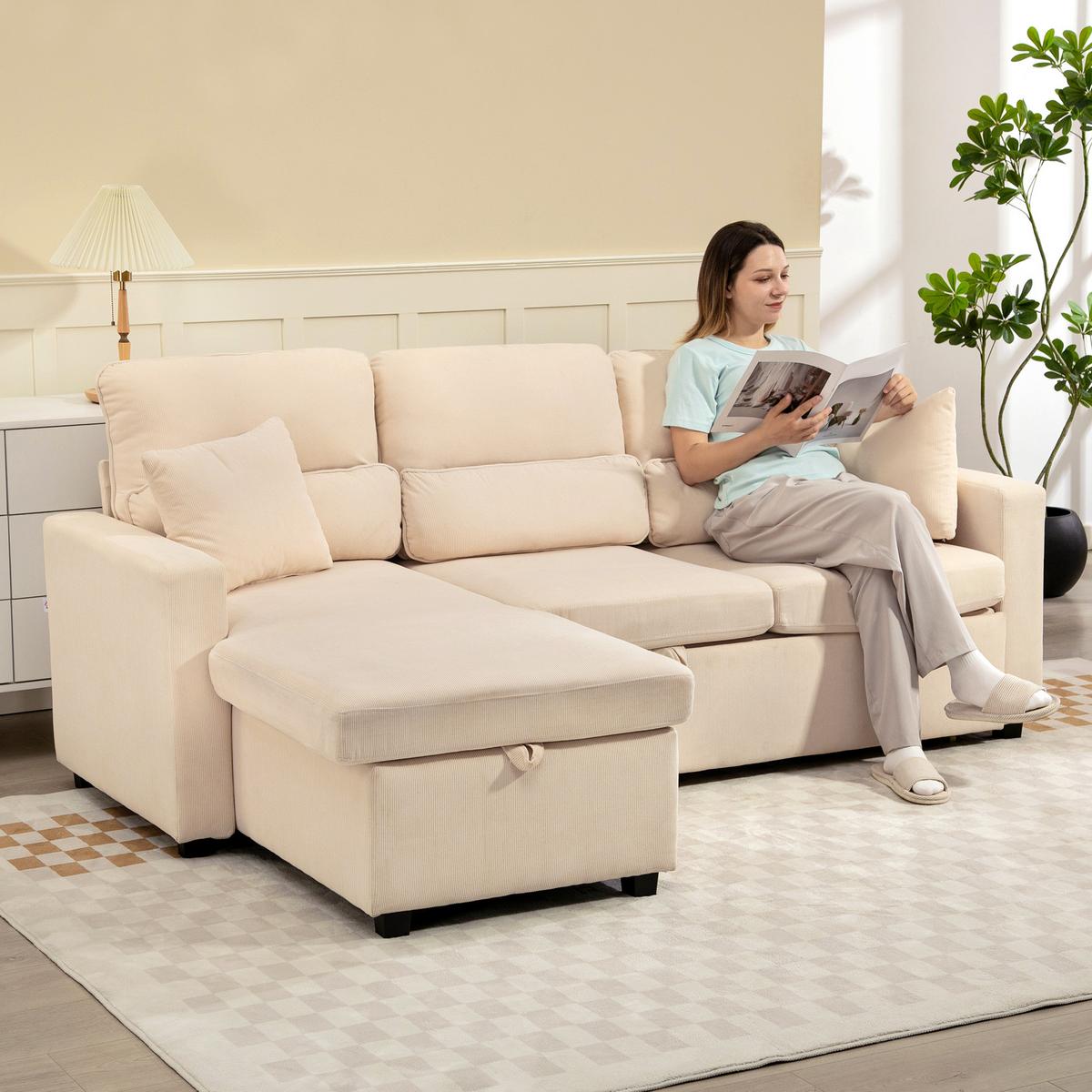 BETTSOFA Verstellbares Gästesofa mit Bettfunktion Stauraum und Kissen - Beige/Schwarz, Kunststoff/Textil (135/205cm) - HOMCOM