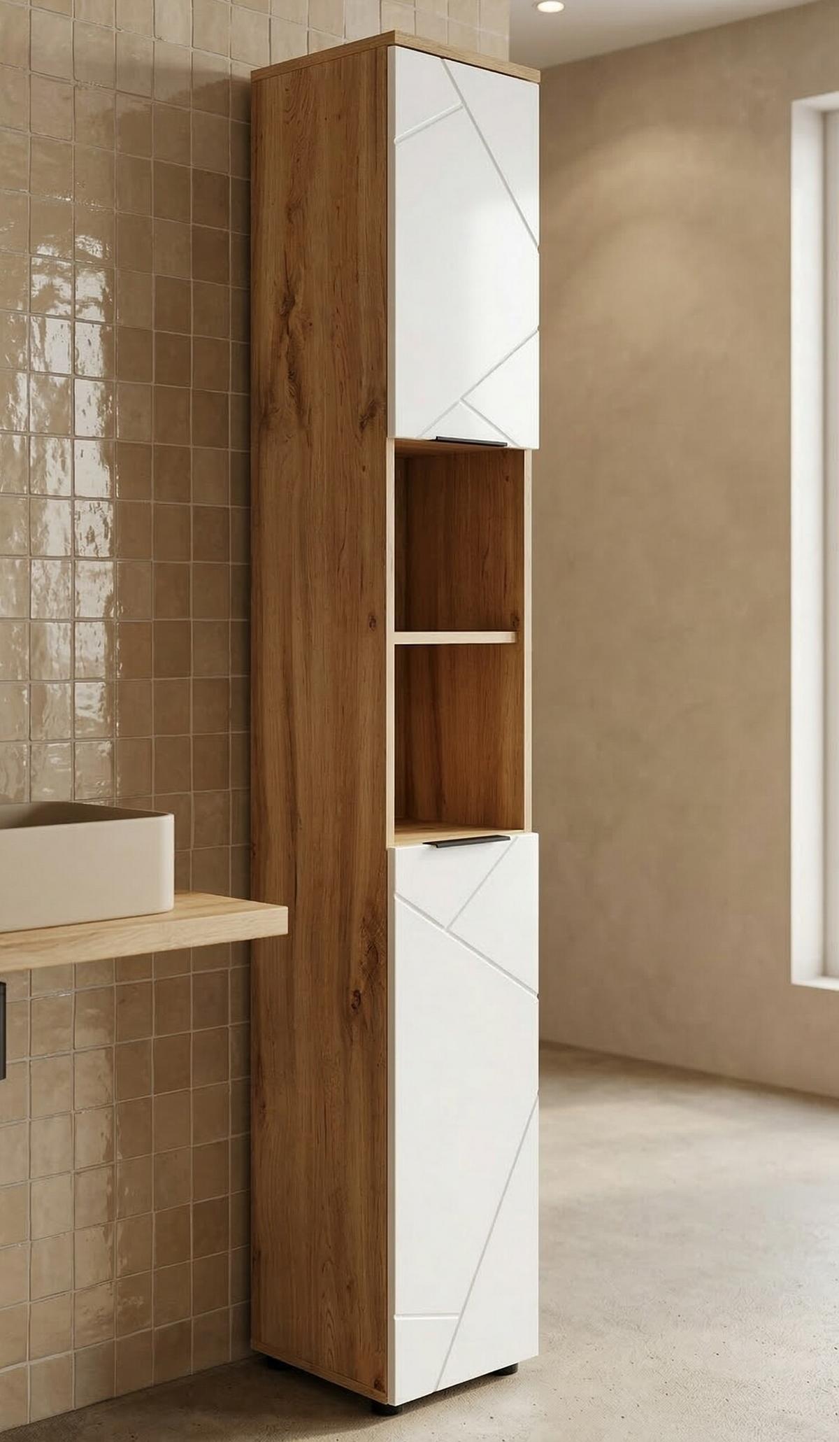 BADEZIMMERSCHRANK Manello 2 Türen Eiche mit Matt Weiß - 30 x 30 x 192 cm - Eichefarben/Weiß, Holz (30/192/30cm) - Badplaats