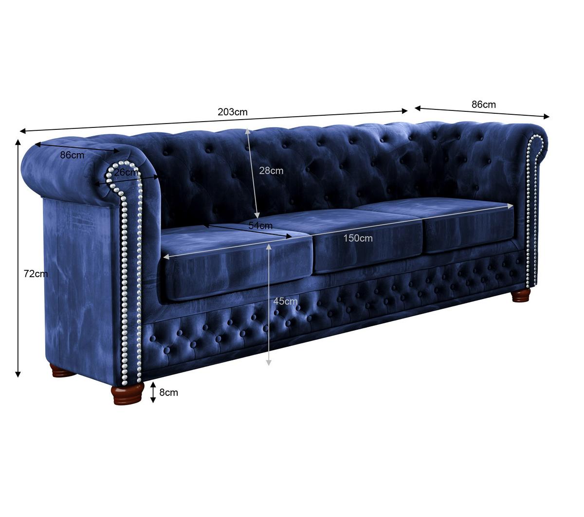 CHESTERFIELD-SOFA 3-sitzer Lauren Marineblau Samt - Dunkelblau/Braun, Holz/Textil (203/72/86cm) - S-Style Möbel