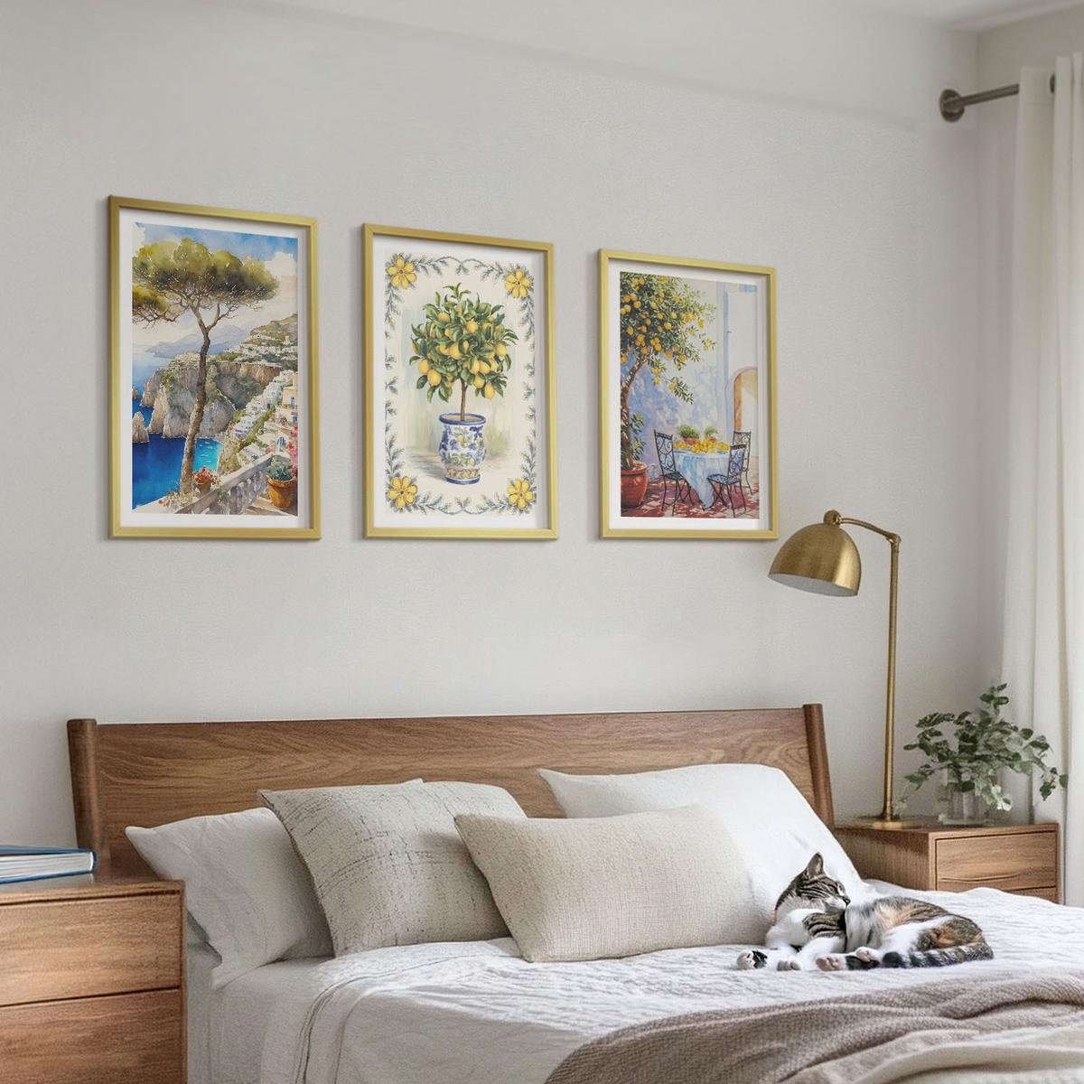 BILDER SET 3er Set - 40x60 cm Goldrahmen - Blick auf das Meer aus Zitronenbäumen - Goldfarben, Kunststoff (40/60cm) - TULUP
