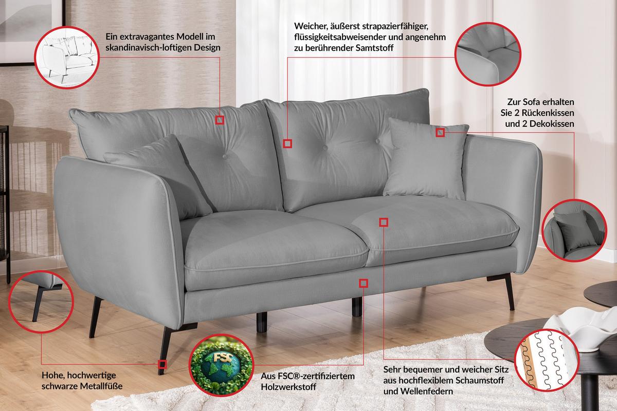 3-SITZER-SOFA Nordloft Hellgrau Samt - Hellgrau/Schwarz, Holz/Textil (204/86/100cm) - S-Style Möbel