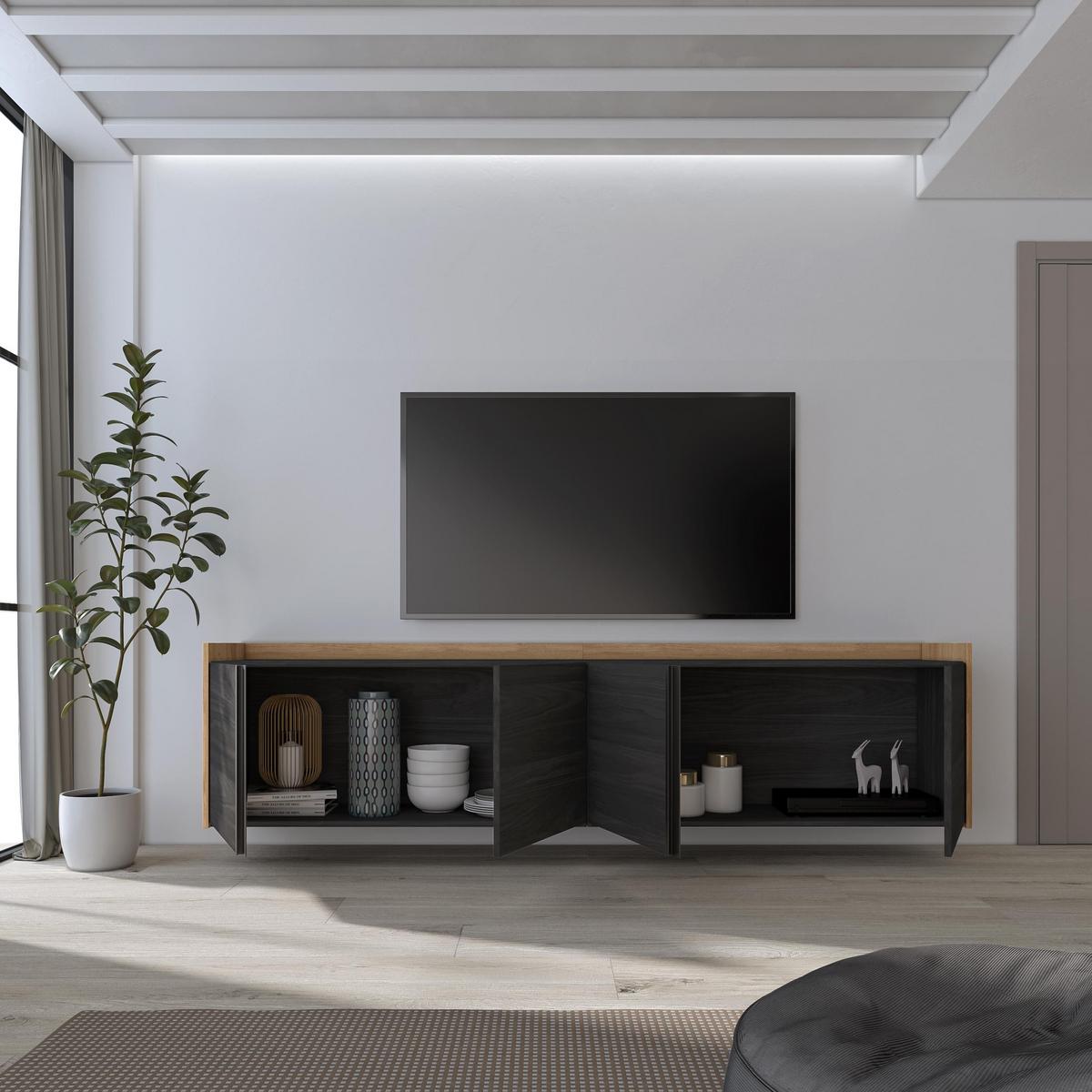 LOWBOARD, Schwarz und Eiche, Hängend, 207/35/50cm - Schwarz, Holzwerkstoff (207/50/35cm) - Skraut Home