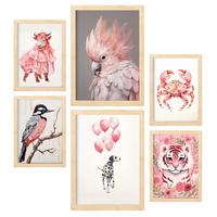 POSTER Set Mit 6 Rosa Tiere A3 & A4 Rahmen Aus Hellem Holz - Beige, Papier (29/3cm) - Nacnic