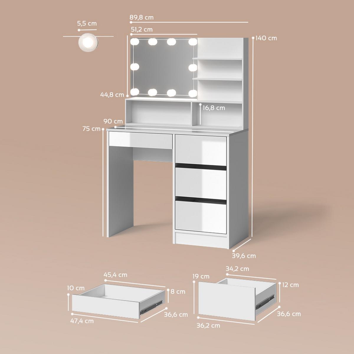SCHMINKTISCH Imola Weiß 90 cm mit LED Beleuchtung, und Spiegelregal - Weiß, Holzwerkstoff (90/75/40cm) - Livinity®