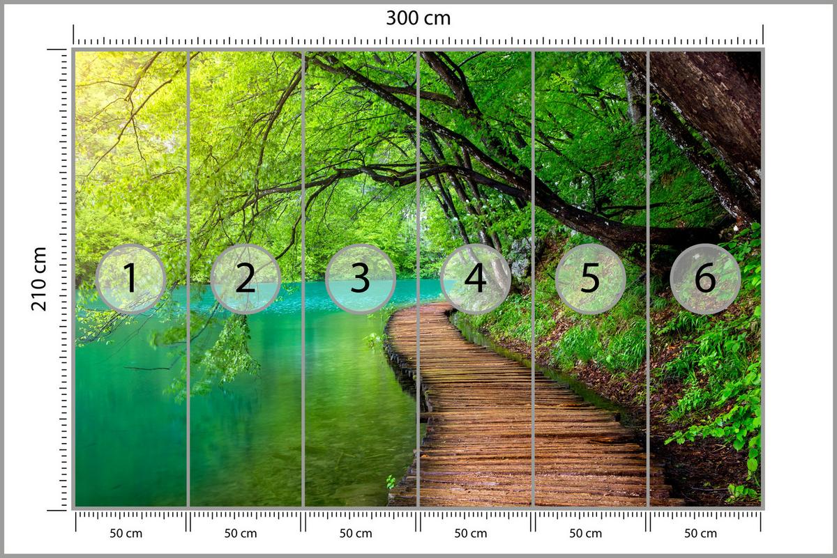 FOTOTAPETE für Wohnzimmer Holzsteg See Bäume Pflanzen Natur 300x210 - Türkis/Braun, Papier (300/210cm) - Muralo