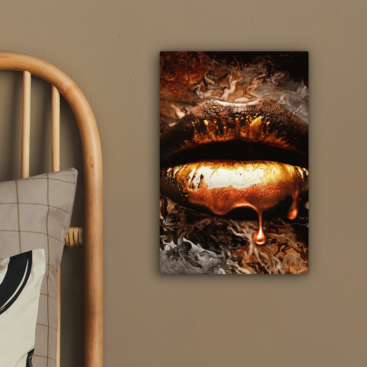 LEINWANDBILD Gold - Lippen - Kunst - Gold - Luxus - Abstrakt Deko Wohnzimmer 20x30 cm - Kupferfarben, Textil (20/30cm) - MuchoWow