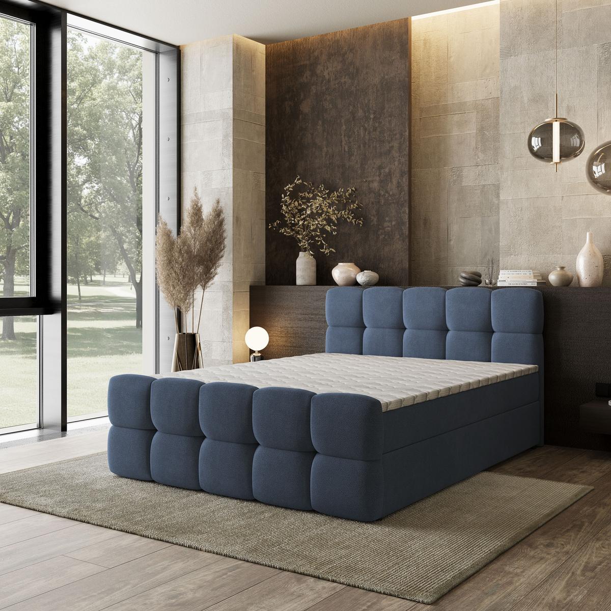 BOXBETT BRUME 200x200 cm mit Matratze und Topper, H2+H3 - Blau - Blau, Holz (200/200cm) - MASSENO
