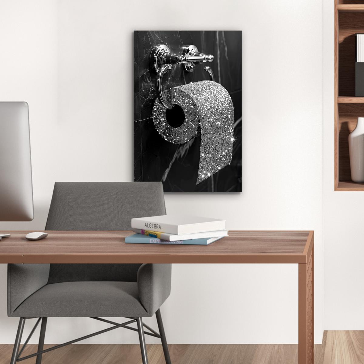 METALLBILD WC - Toilettenpapier - Schwarz und weiß - Glitter Deko Schlafzimmer 40x60 cm - Silberfarben, Metall (40/60cm) - MuchoWow