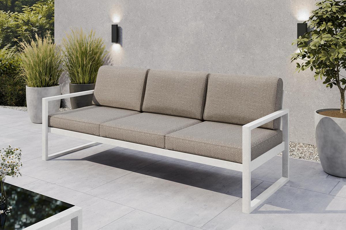 GARTENBANK Bellano Outdoor 3-Sitzer Polster-Loungebank, Stahlgestell Weiß, Dunkelbeige 76/216/80 cm - Beige, Textil (216/86/80cm) - WFL GROUP