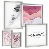 BILDER SET 5er Set - 50x50 cm & 20x30 cm & 40x60 cm Silberner Rahmen - Zarte Boho-Blätterschrift - Silberfarben, Kunststoff (40/60cm) - TULUP