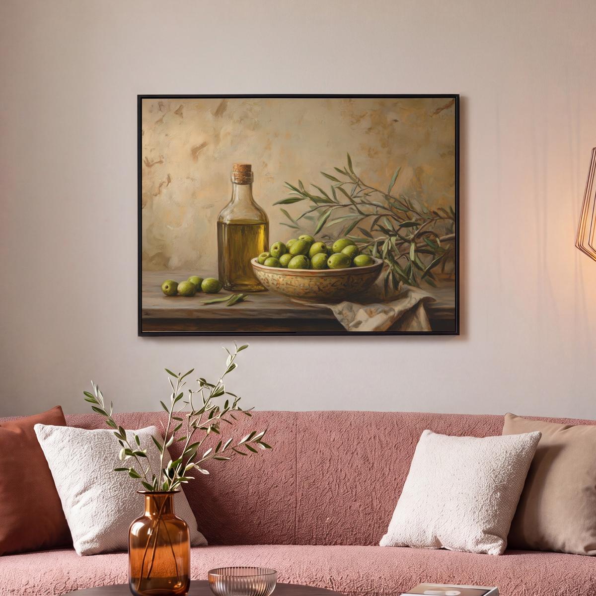 LEINWAND Bilder mit Rahmen - Oliven - Stilleben - Vintage - 80x60 - Olivgrün, Textil (80/60cm) - MuchoWow