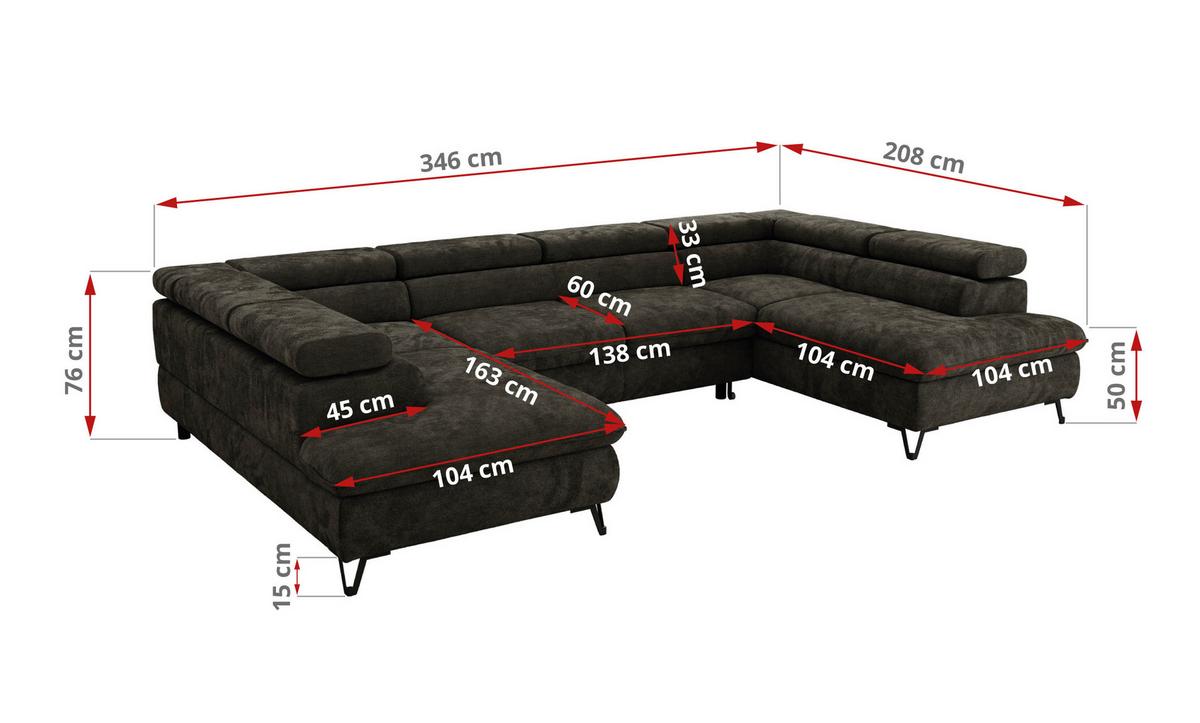 WOHNLANDSCHAFT PABLO U Schenille glatt Dunkelgrau - Dunkelgrau/Schwarz, Textil/Metall (346/76/208cm) - MKS