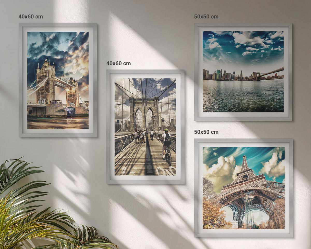 BILDER SET 4er Set - 50x50 cm & 40x60 cm Silberner Rahmen - Turmbrücken in europäischen Städten - Silberfarben, Kunststoff (50/50cm) - TULUP