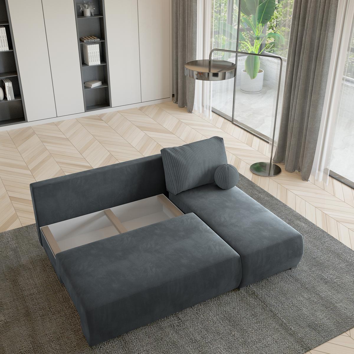 ECKSOFA PARVELO Grau Plüsch-Stoff mit Schlaffunktion - Grau, Holz (200/143cm) - MASSENO