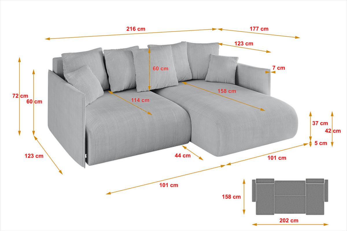 ECKSOFA Ottomane rechts ONESK-L 216x177x72 Grau Cord - Grau, Holzwerkstoff/Kunststoff (177/216cm) - ALTDECOR