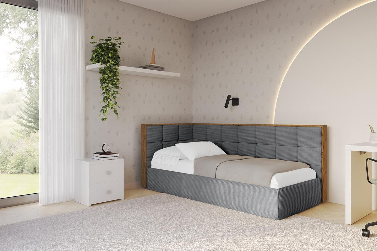 EINZELLBETT Jugendbett mit Bettkasten, Rechts - SOVY 90x200 Dunkelgrau - Schieferfarben, Holzwerkstoff/Textil (90/200cm) - ALTDECOR