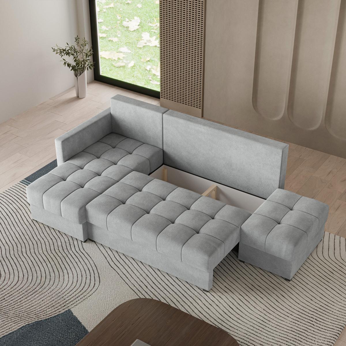 ECKSOFA LUMARI L-S Hellgrau Plüsch-Stoff mit Schlaffunktion - Hellgrau, Holz (262/143cm) - MASSENO