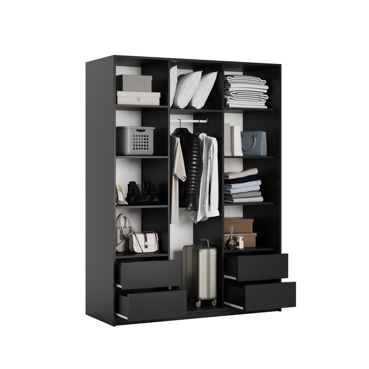 SCHWEBETÜRENSCHRANK ORRA 150/205/60 cm 3-türig mit Spiegel und Lamellen Schwarz - Eiche Wotan/Schwarz, Holzwerkstoff (150/205/60cm) - MASSENO