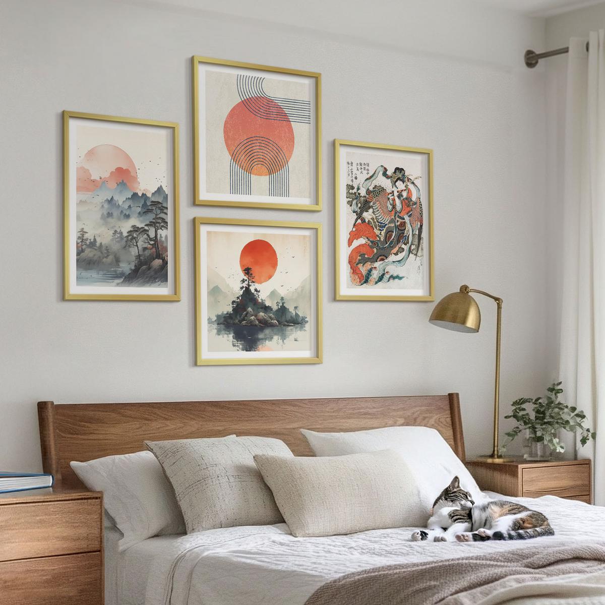 BILDER SET 4er Set - 50x50 cm & 40x60 cm Goldrahmen - Asiatische Landschaften Japandi - Goldfarben, Kunststoff (50/50cm) - TULUP