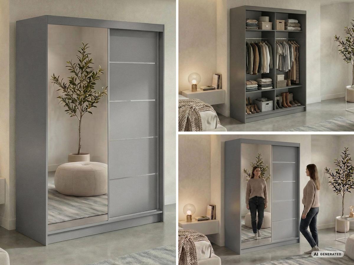 SCHWEBETÜRENSCHRANK 150 - SKORIA - Grau mit Spiegel - Alufarben/Grau, Holzwerkstoff/Metall (150/216/61cm) - MKS