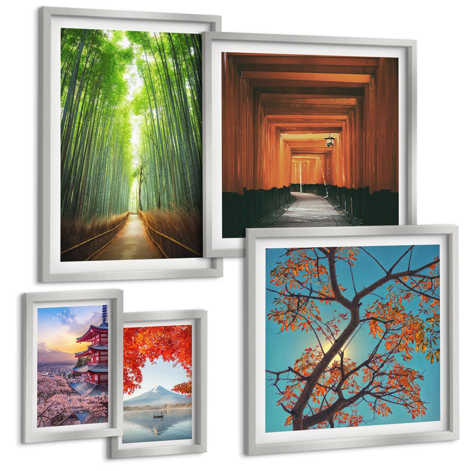 BILDER SET 5er Set - 50x50 cm & 20x30 cm & 40x60 cm Silberner Rahmen - Meerblick, farbenfrohe Häuser - Silberfarben, Kunststoff (40/60cm) - TULUP