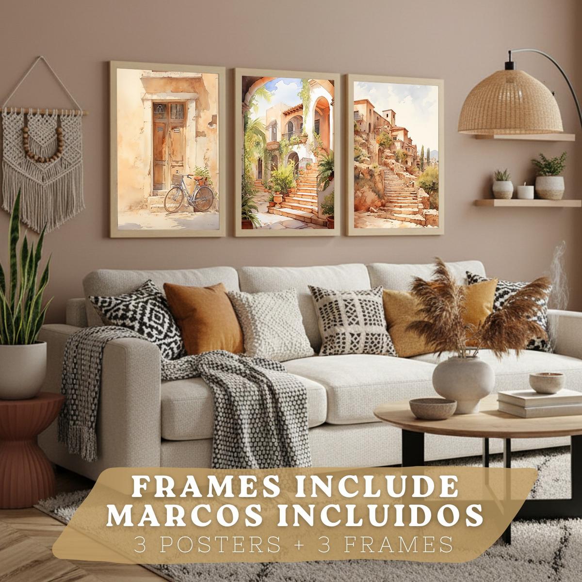 POSTER 3er Bilder-Set Wandbilder Landhaus Braun modern Wohnzimmer Deko, Schlafzimmer, Küche, Badezimmer Leichter Holzrahmen A3 - Beige, Papier (29.7/1/42cm) - Nacnic
