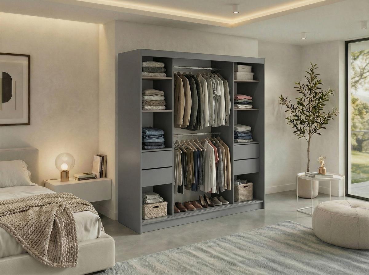 SCHWEBETÜRENSCHRANK mit Spiegel und Schubladen LAOS - 200 - Grau - Weiß Lamellen - Alufarben/Weiß, Holzwerkstoff/Metall (200/216/61cm) - MKS