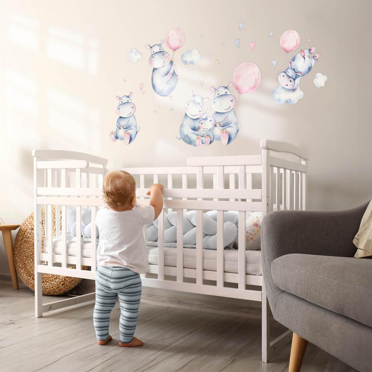 WANDAUFKLEBER 100x169cm - Nilpferdfamilie - Multicolor, Kunststoff (100/169/0.1cm) - Wallfluent