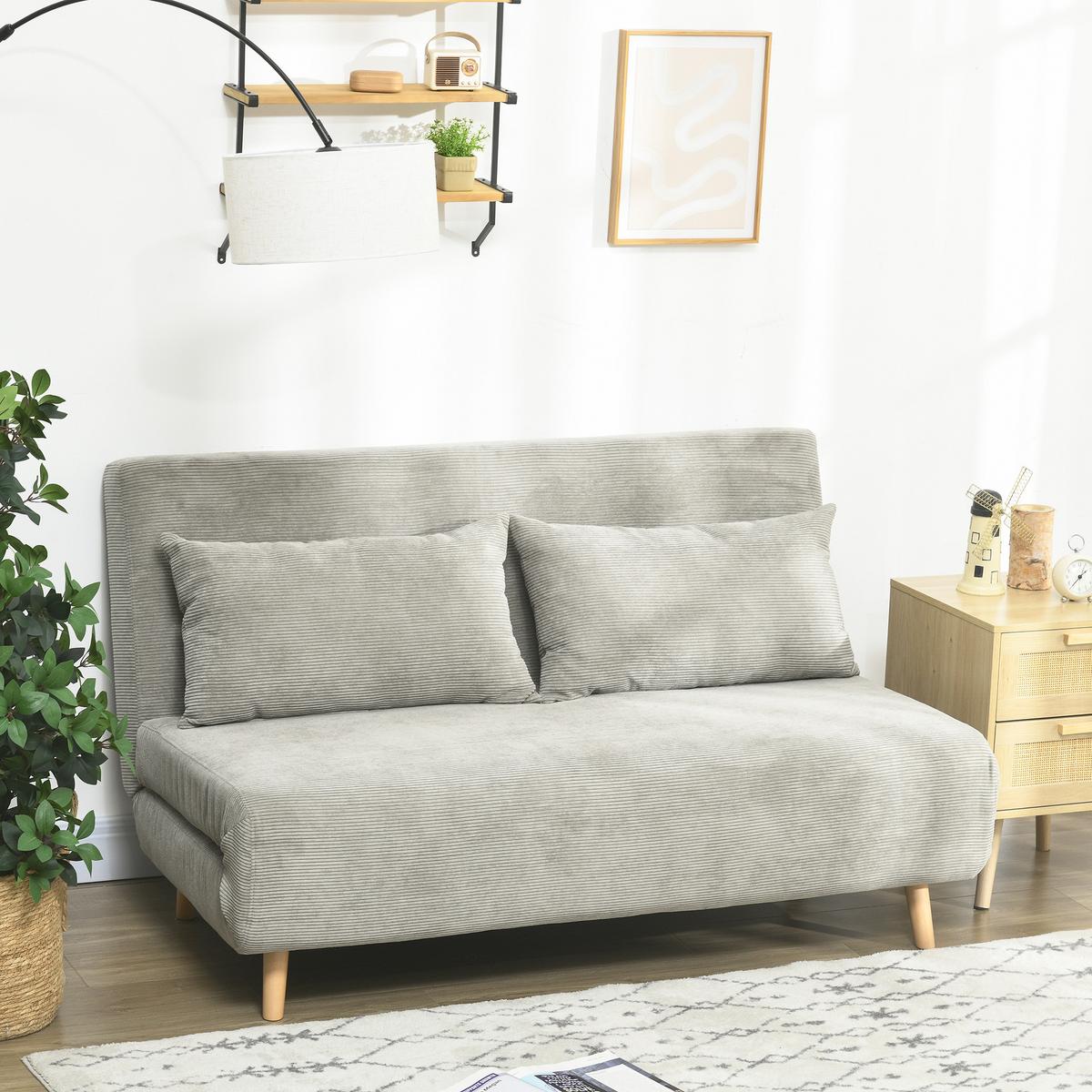 SCHLAFSOFA, Klappbett mit Bettfunktion, Rückenkissen, Polstersofa mit Samtoptik - Buchefarben/Grau, Buchenholz/Textil (90/81/141cm) - HOMCOM
