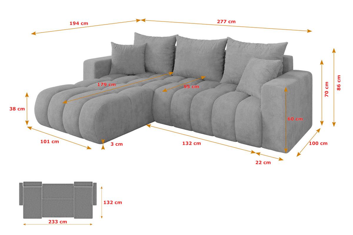ECKSOFA mit Schlaffunktion Ottomane Links MILA-L-v1 277x195x86 Grau Cord - Schwarz/Grau, Holzwerkstoff/Kunststoff (277/194cm) - ALTDECOR