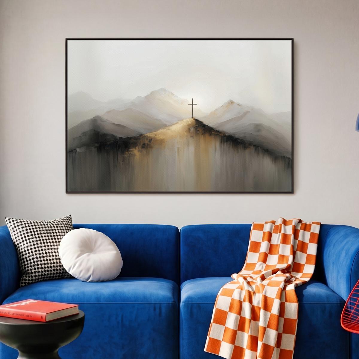 LEINWAND Bilder mit Rahmen - Hügel - Abstrakt - Kreuz - Christentum - 90x60 - Beige, Textil (90/60cm) - MuchoWow