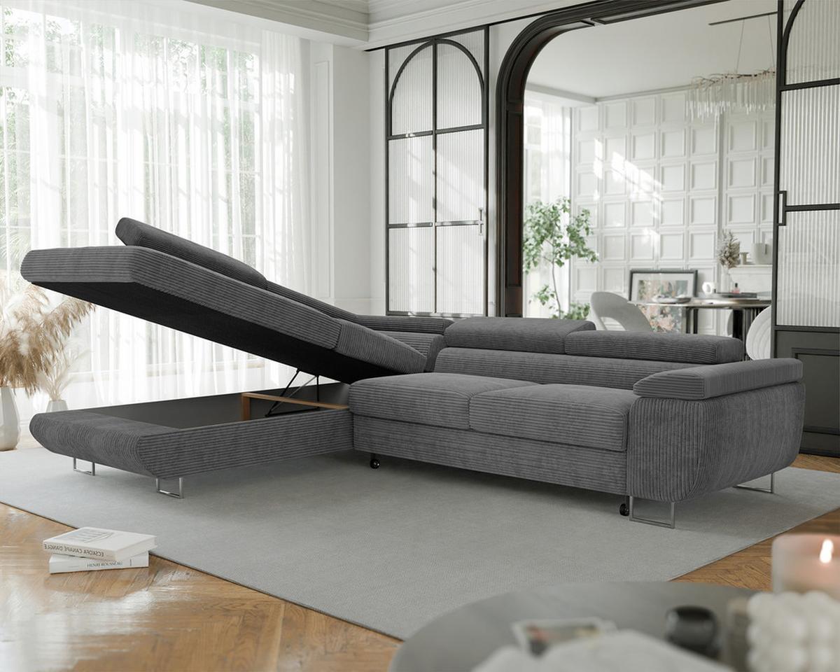 ECKSOFA ANTON links, mit Schlaffunktion und Bettkasten Grau - Chromfarben/Grau, Textil/Metall (274/203cm) - Idohome