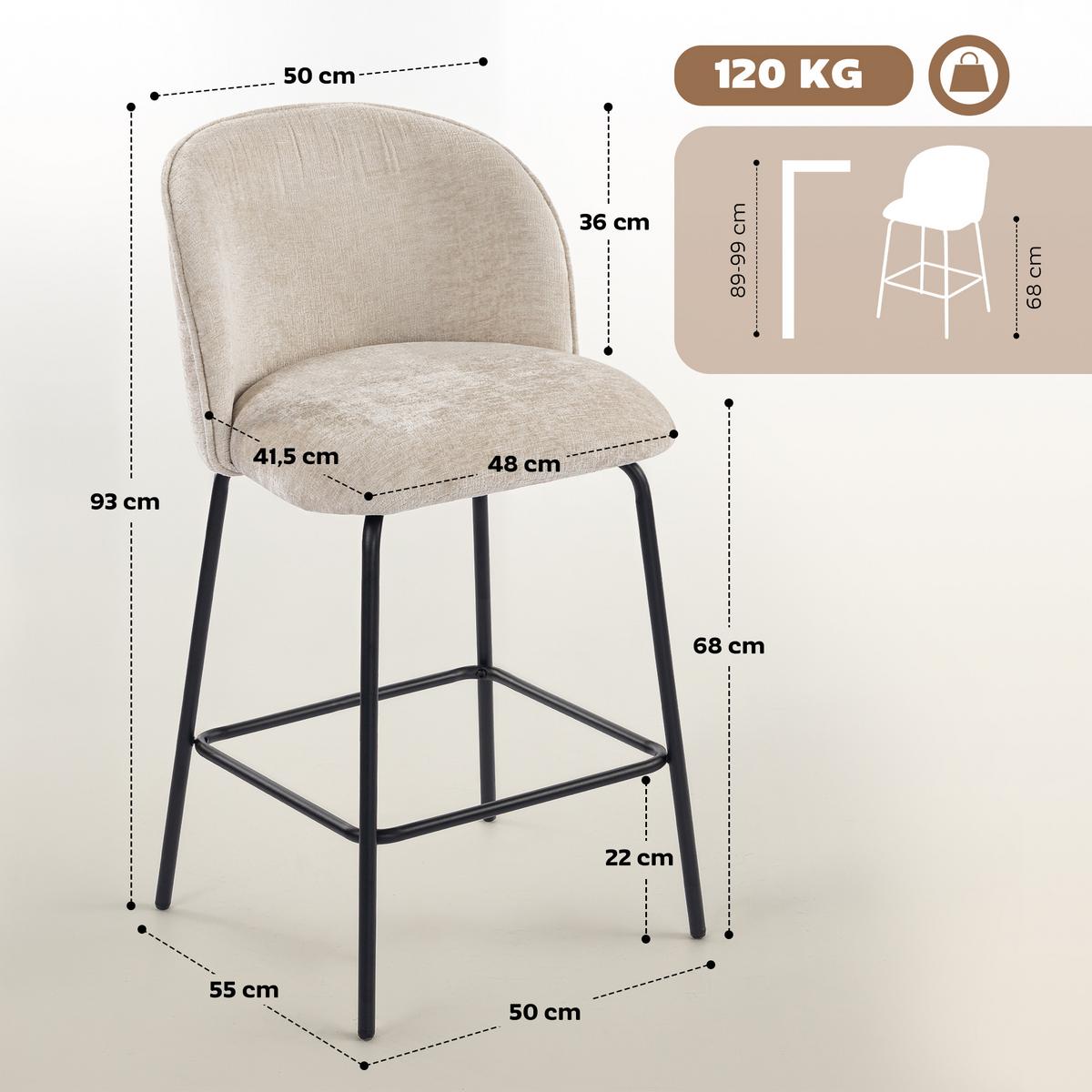 BARHOCKER 2er Set Barstuhl mit Fußstütze, Lehne, Sitzhöhe 68 cm, Beige - Beige/Schwarz, Textil (50/93/55cm) - HOMCOM