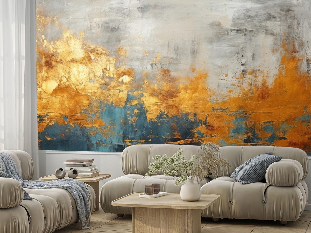 FOTOTAPETE für Badezimmer Abstrakter Beton Gold Mauer 400x280 - Türkis/Goldfarben, Papier (400/280cm) - Muralo