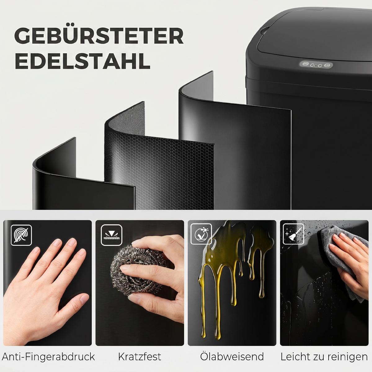 MÜLLEIMER mit Sensor 48L Edelstahl Abfalleimer mit Automatischer Schließfunktion - Schwarz, Metall (25/69/33cm) - HOMCOM