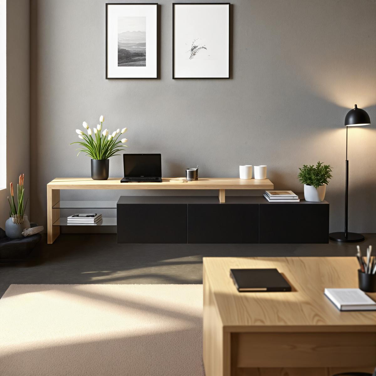 LOWBOARD mit LED-Beleuchtung, 3 Schubladen und Offene Fächer - Schwarz, Glas/Holzwerkstoff (197/42/39cm) - Urban Meuble