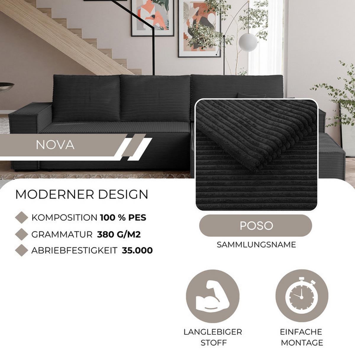 ECKSOFA NOVA Rechts mit Schlaffunktion und Bettkasten Anthrazit - Anthrazit, Kunststoff/Textil (294/185cm) - Idohome