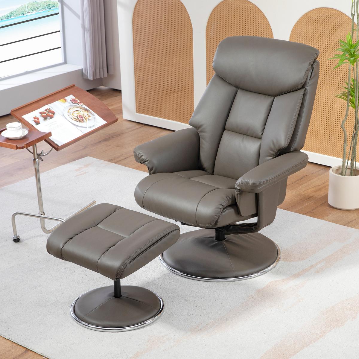RELAXSESSEL mit Hocker, Fernsehsessel mit Liegefunktion, Wippfunktion Grau - Schwarz/Grau, Leder/Kunststoff (95/107/81cm) - HOMCOM