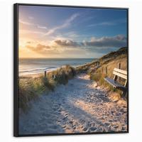LEINWAND Bilder mit Rahmen - Sonnenuntergang - Strand - Düne - Gras - Ufer - 90x90 - Sandfarben, Textil (90/90cm) - MuchoWow