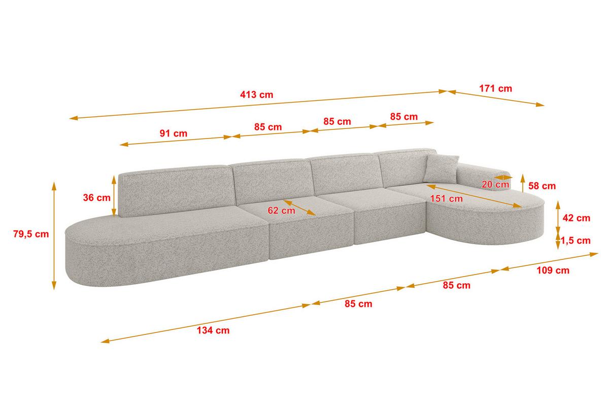 ECKSOFA Ottomane Rechts MARI-L3 - 413x171x79 cm Hellgrau Tissu - Hellgrau/Schwarz, Holzwerkstoff/Kunststoff (171/413cm) - ALTDECOR