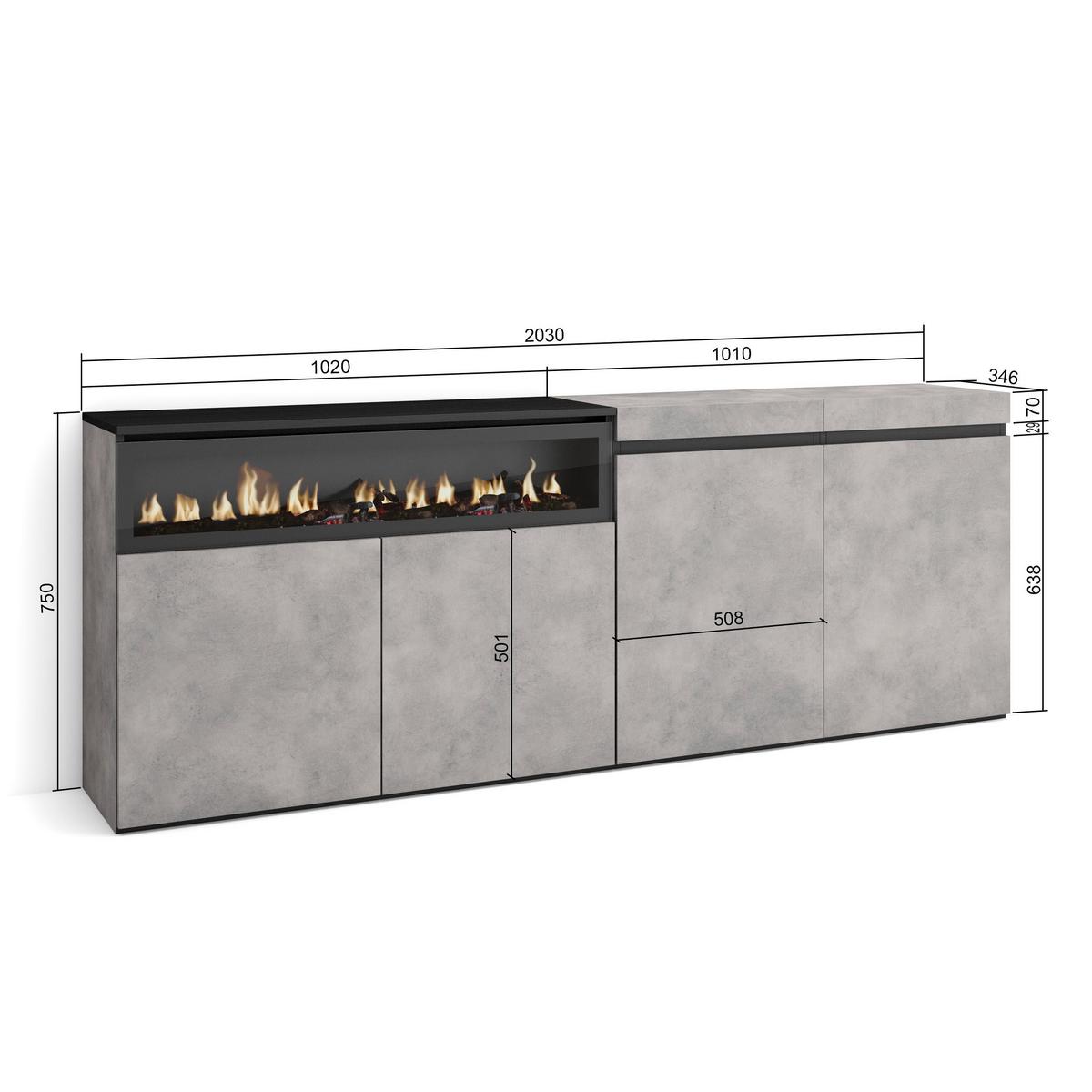 SIDEBOARD Elektrokamin, zementgrau, 200/35/75cm - Schwarz/Grau, Holzwerkstoff (200/75/35cm) - Skraut Home