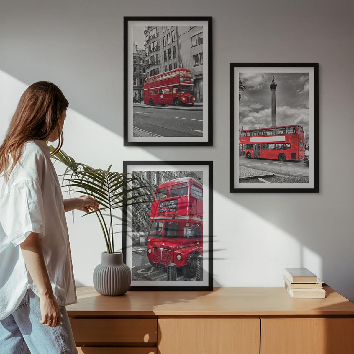 BILDER SET 3er Set - 40x60 cm Schwarzer Rahmen - Rote Busse in London - Schwarz, Kunststoff (40/60cm) - TULUP