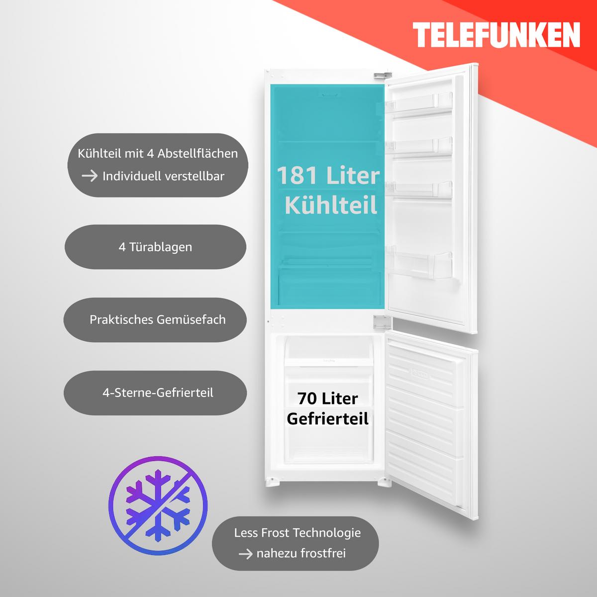 KÜHL-GEFRIER-KOMBINATION, Einbau 178cm Nische, 251 Liter, Less Frost - Weiß, Glas/Kunststoff (54/177/54.5cm) - Telefunken