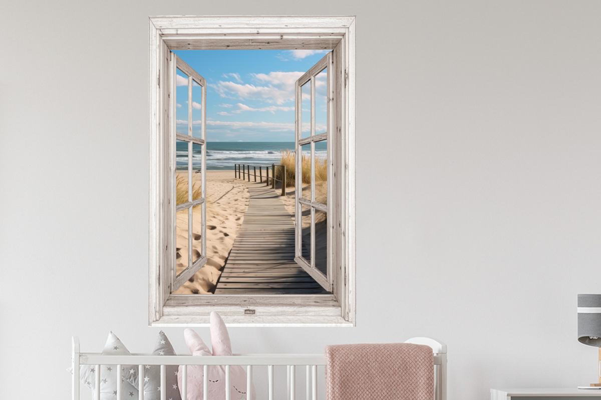 WANDTATTOO Fenster - Meer - Küste - Natur - Ausblick - Strand - Wattenmeer Wandaufkleber 80x120 cm - Beige, Kunststoff (80/120/0.1cm) - MuchoWow