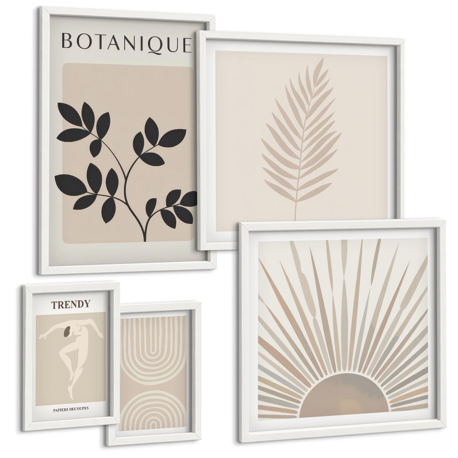 BILDER SET 5er Set - 50x50 cm & 20x30 cm & 40x60 cm Weißer Rahmen - Abstrakte Poster im Boho-Stil in Pastellfarben - Weiß, Kunststoff (40/60cm) - TULUP